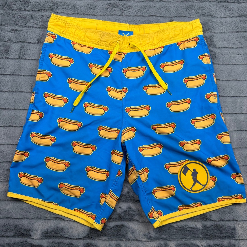 Baseballism Hot Dog Print Swim Trunks Mens Medium Blue Yellow Board Shorts